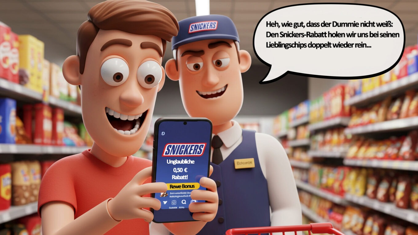 Satire verkäufer schaut fies und lacht innerhlich über kundenrabatt (3d illustration feature pic)